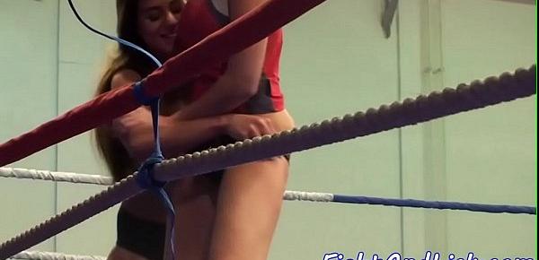  Busty lezzies wrestling in a boxing ring